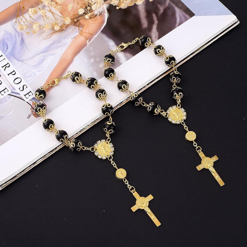 COBEE Car Rosary for Rearview Mirror, 2 Pieces Car Mirror Hanging Cross Auto Rosary Rear View Mirror Pendant Car Hanging Accessories Interior Decors for Women Men (Black Gold) - Image 5